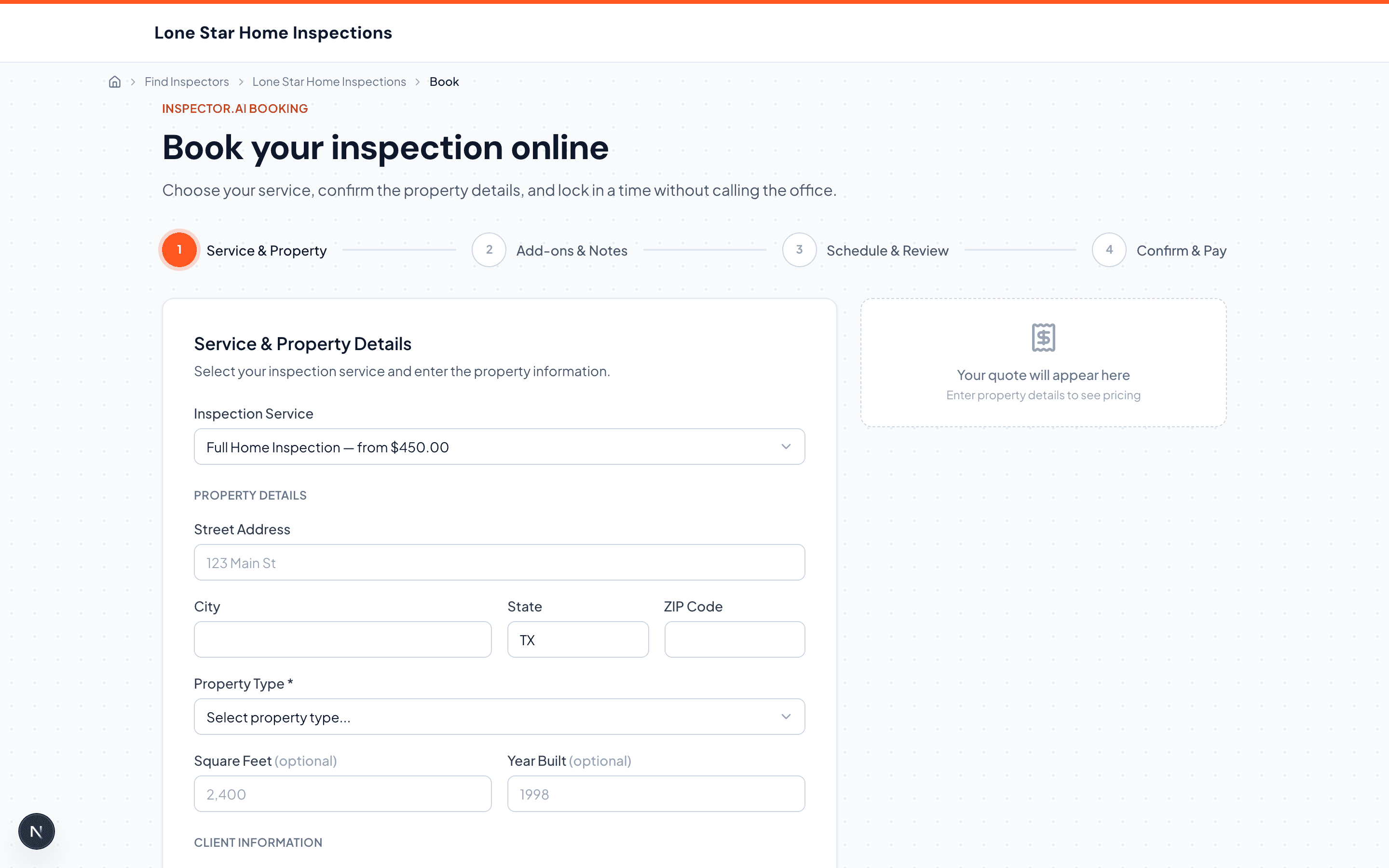 Inspector.AI online booking flow