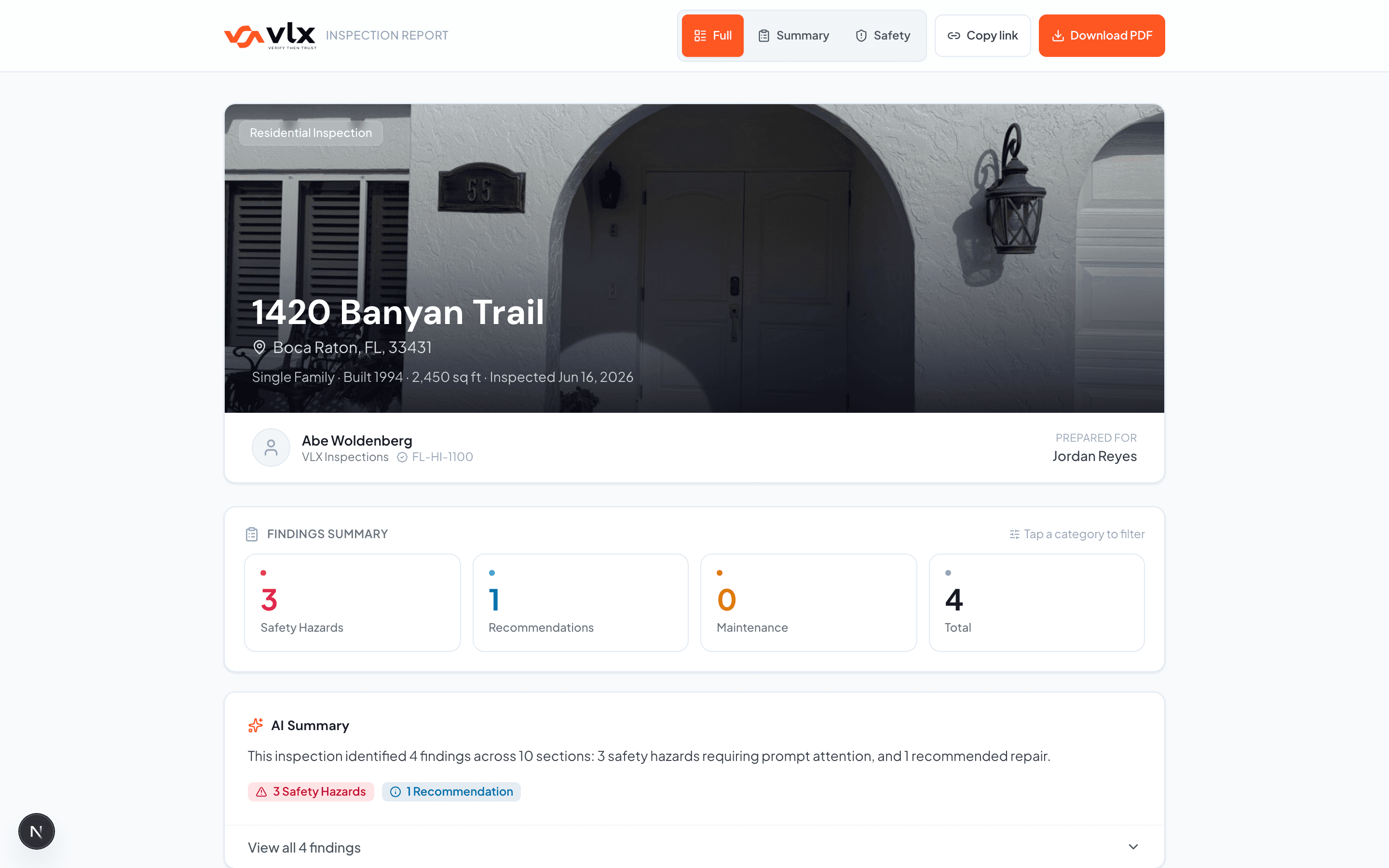 An Inspector.AI client report with AI summary and severity ratings