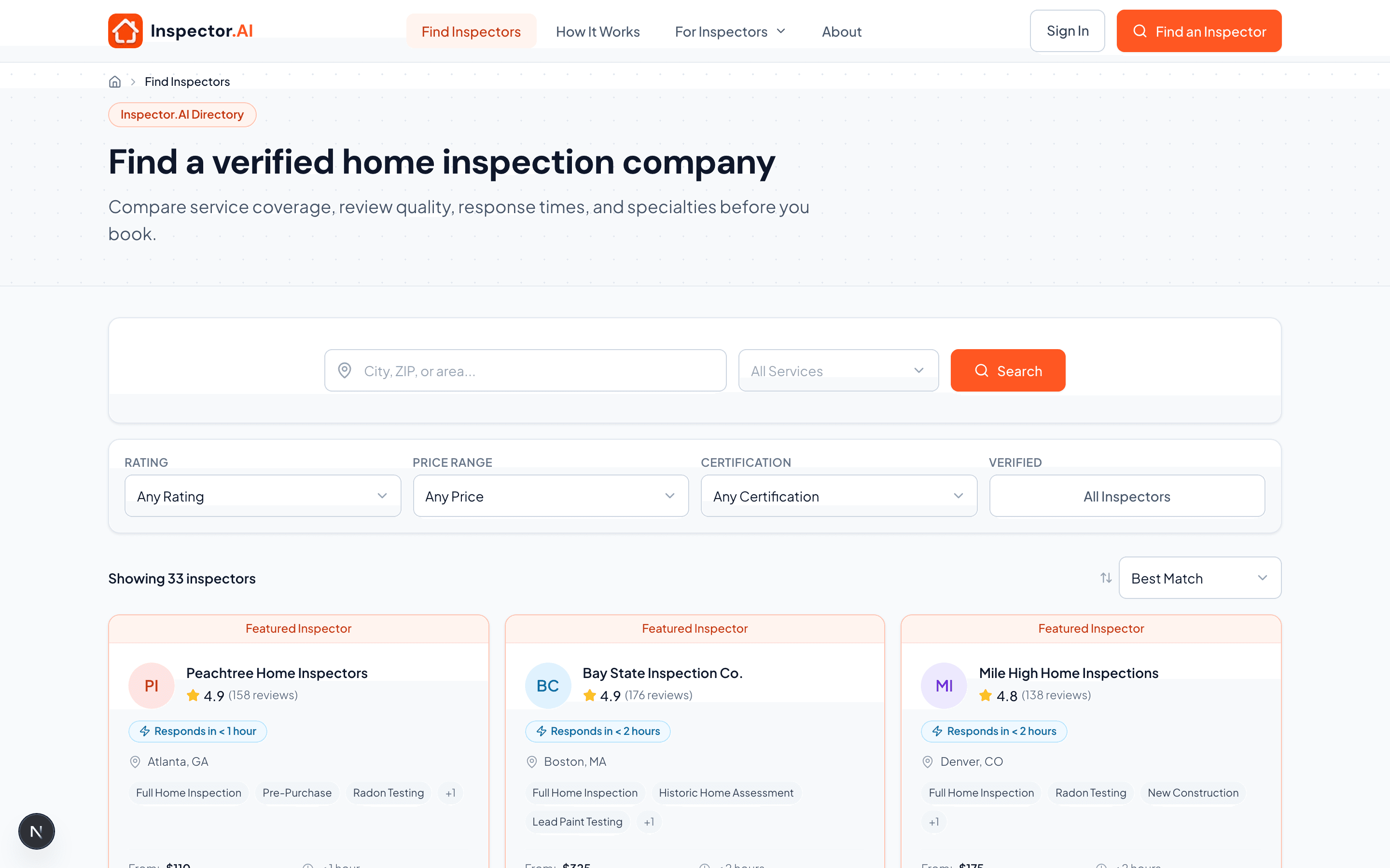 Inspector.AI consumer marketplace — homebuyers searching for inspectors